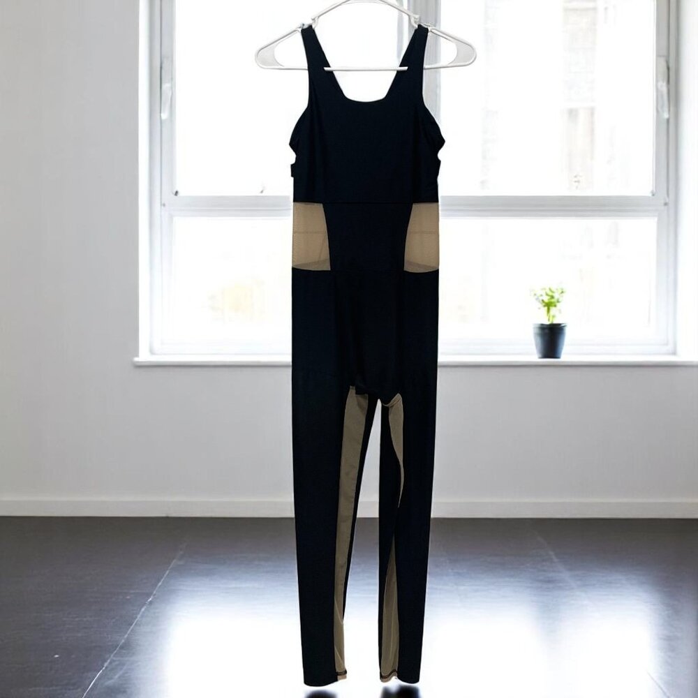 Playfull Black Tan Bodysuit Medium Activewear One Piece Jumpsuit Yoga Mesh Panel